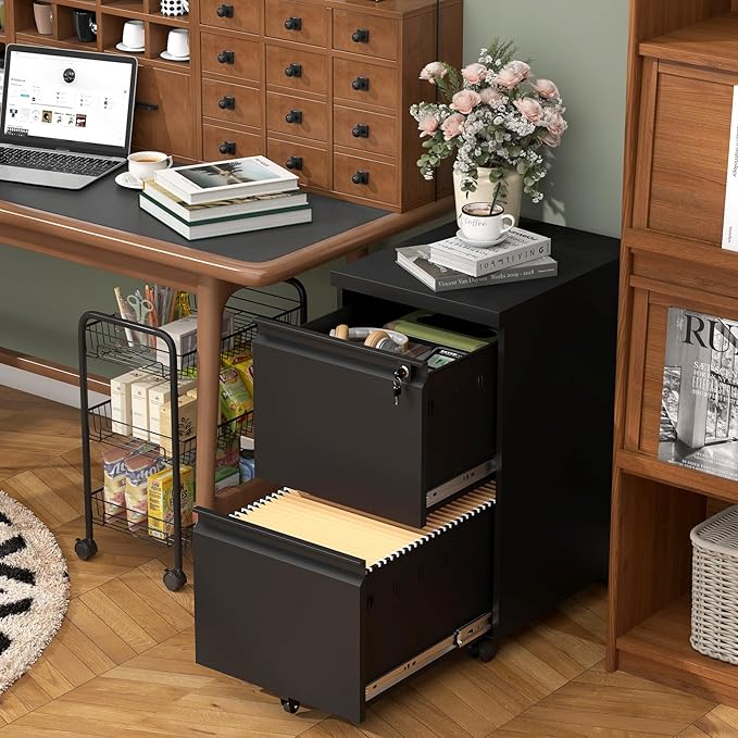 2 Drawer Black File Cabinet with Lock,29" H Small Filing Cabinet for Under Desk,Metal Mobile File Cabinet for Home Office Organizer Letters/Legal/A4(Assembly Required)