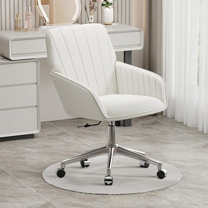 YISHENG Velvet Office Desk Chair with Silver Base, with Wheels,Modern Height Adjustable 360 Degree Swivel Upholstered Vanity Chairs with Arms for Living Room Bedroom,Cream