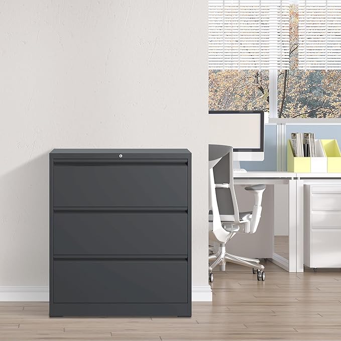 Lateral File Cabinet with 3 Drawer Heavy Duty Large Metal File Cabinets with Lock Home Office Black Filing Cabinets Wide Steel Cabinet for Legal/Letter Size File,Assembly Required