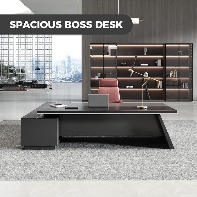 L Shape Executive Desk with Drawers – Modern Large Office Desk for Home Office, Spacious Computer Workstation with Storage Cabinets, Black Finish (Black/Right, 87" L * 63" W * 30" H)
