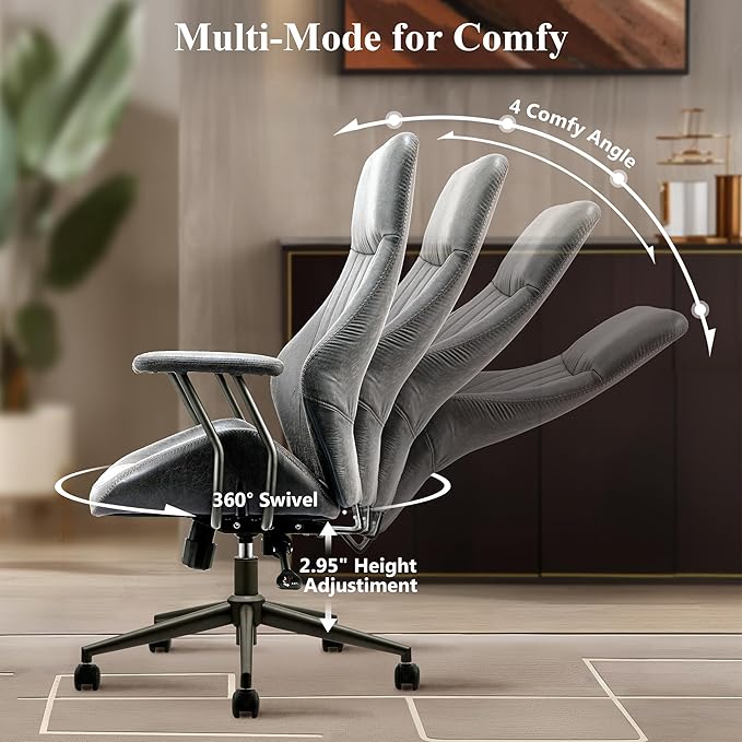 Mid Century Modren Office Chair - Fuax Leather Suede Brown Executive Chairs Ergonomic Mid Back with Lumbar Support, Swivel Computer Desk Task Chair with Wheels for Home Office (Grey, Hign Back)
