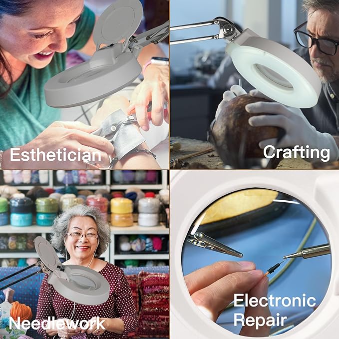 10X Magnifying Glass with Light and Stand, Lighted Magnifying Glasses for Close Work, Reading, Crafts, Jewelry, Sewing, Soldering, Desk Lamp with Adjustable Stainless Steel and Real Glass Magnifier