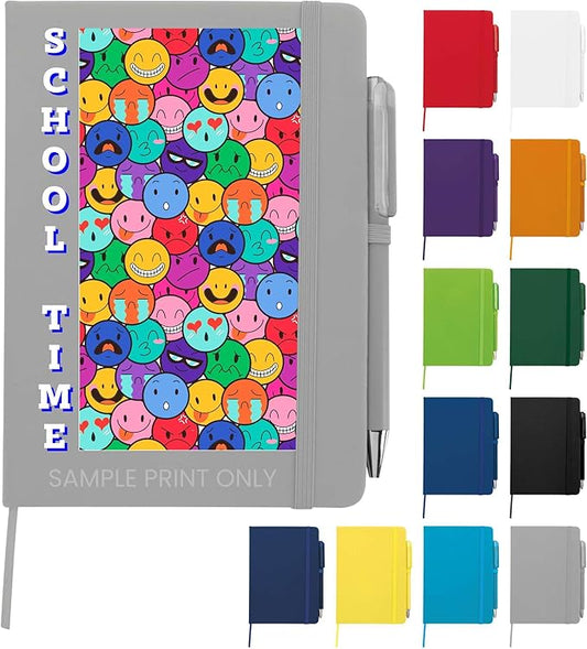 Personalized Notebook Journal – 5” x 7” Customized Notebook with Name, Text or Logo - 100 Page Custom Journal. Leatherette Hardcover & Pen - Gray 75 Pack