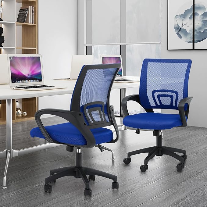 Athena Collection Computer Office Chair Set of 2, Ergonomic Desk Chair with Rolling Wheels, Mesh Back Support and Height Adjustable, Small and Comfy for Home Office, Study, Blue