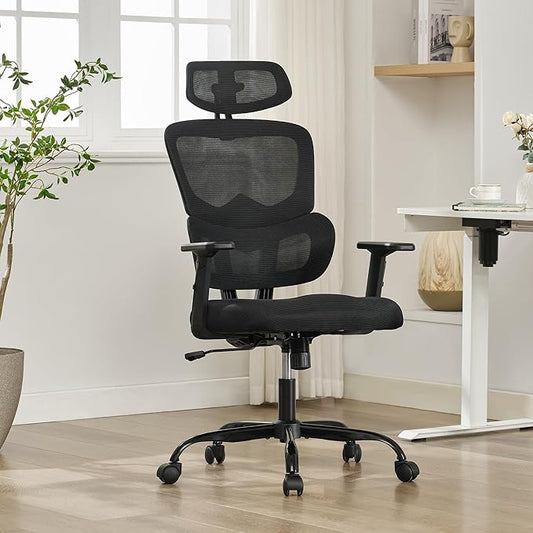 Ergonomic Office Chair,Home Mesh Office Desk Chairs,High Back Office Chair 330 LBS,Swivel Computer Task Chair with 2D Armrest,Lumbar Support,Adjustable Headrest,Rocking Function (Black)