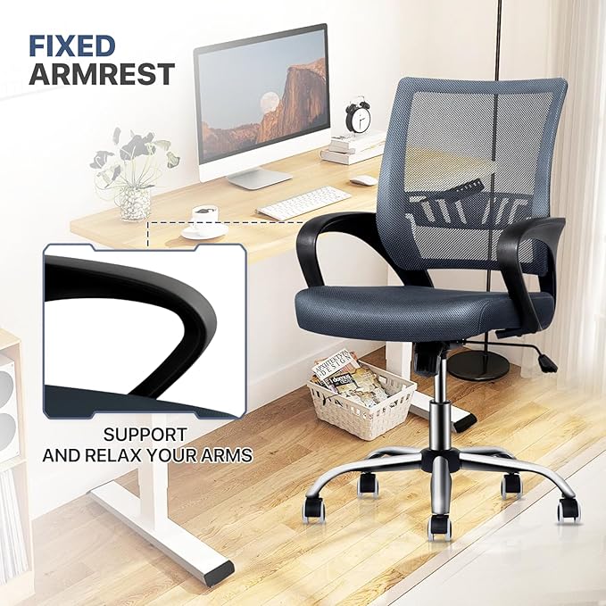 MoNiBloom Mesh Home Office Chair, Mid Back Ergonomic Rolling Swivel Chair with Lumbar Support and Armrest, 250 lbs Capacity, Grey