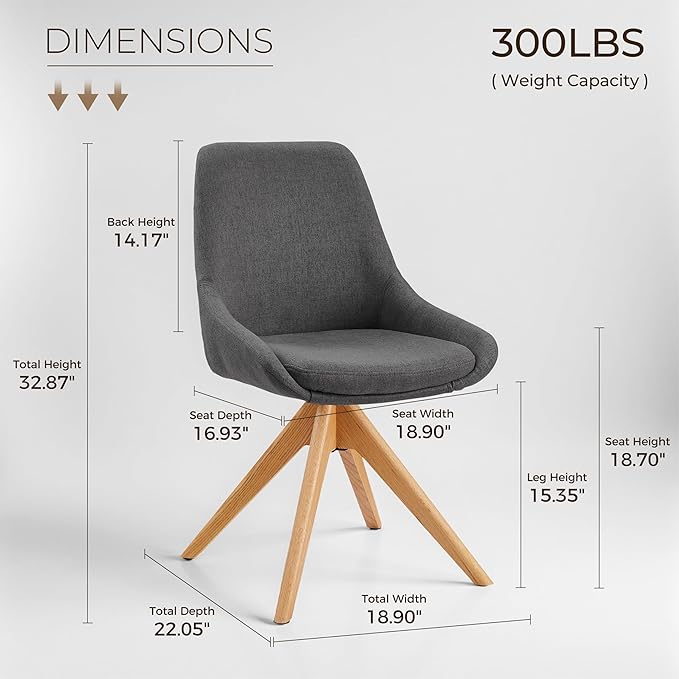 Art Leon Mid Century Modern Desk Chair No Wheels, Swivel Upholstered Armchair with Solid Wood Legs for Home Office, Fabric, Gray