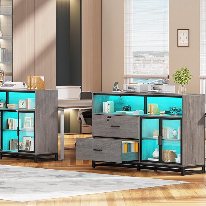 SEDETA 59" File Cabinet, 2 Drawers Filing Cabinets for Home Office fit Legal/Letter/A4 File, File Cabinet with Lock & Power Outlets, Printer Stand with Storage & LED Lights, Grey