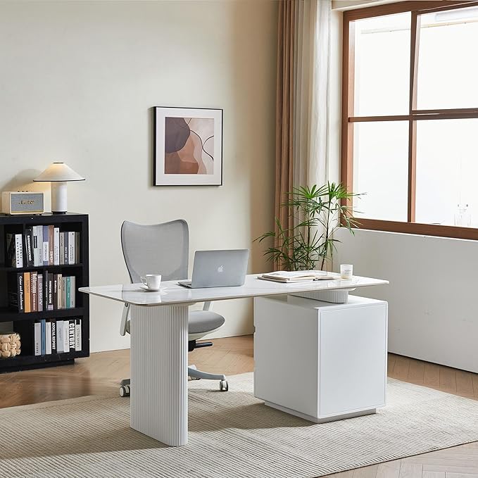 White Writing Desk with Drawers, 63 Inch Modern Computer Executive Office Desk with Sintered Stone Tabletop and Storage, Wood Home Office Desk for Bedroom, Living Room