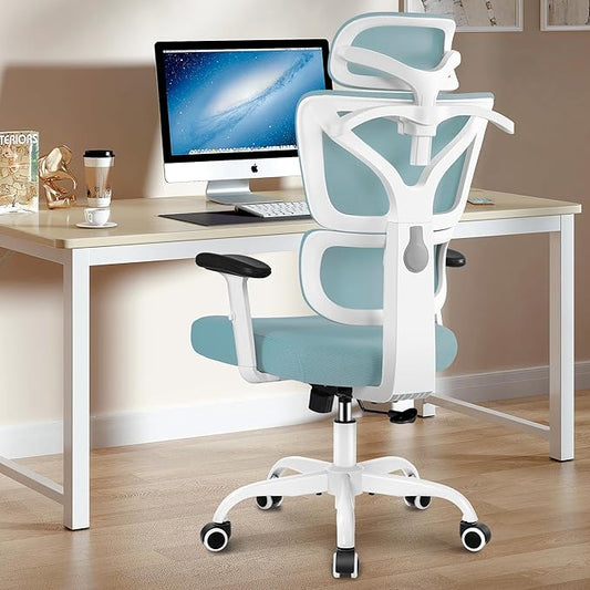 Winrise Big & Tall Ergonomic Reclining Desk Chair - High Back Gaming Chair With Breathable Mesh Seat, Lumbar Support, Adjustable Armrests (Blue)