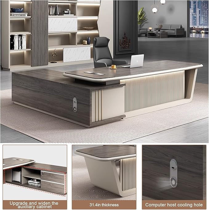 78IN Executive Office Desk - Executive Desk with 2 Drawers & Open Storage Space & Computer Host Position | Supporting Slant Leg & Decorative LED Light Strip, Fence Baffle Design