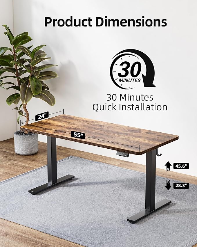 Standing Desk 55 x 24 inch, Electric Height Adjustable with Splice Board, Stand Up Desk, Sit Stand Desk Computer Desk for Home Office, Black Frame/Rustic Brown Top