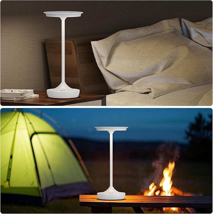 LED Rechargeable Cordless Table Lamps, Portable Outdoor Battery Operated Table Light 3 Color Stepless Dimming Table Lamp with Memory Function for Patio Restaurant Dining Room White