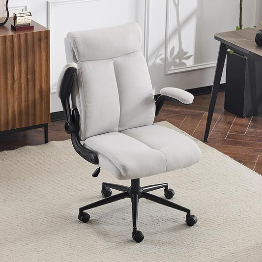 VINGLI Rolling Ergonomic Office Desk Chair with Padded Flip-up Arms, 360° Swivel High Back Executive Computer Chair with Wheels for Game,Home Small Space, Study Room, Reading Room, Linen Light Grey