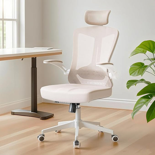 Ergonomic Office Chair - 400LB Comfy Desk Chairs with Headrest and Back Support, Heavy Duty Mesh Computer Chair with Wheels and Arms for Home Office, Study, Bedroom and College Dorm (Beige)