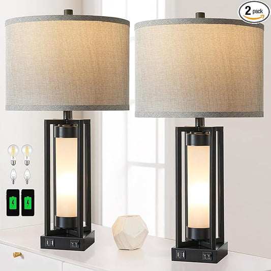 RORIANO Set of 2 Modern Table Lamp for Living Room with 2 USB Ports, Contemporary Nightstand Lamp with White Glass Night Light, Retro Desk Lamp for Bedroom Bedside, 4 Bulbs Included (Balck)