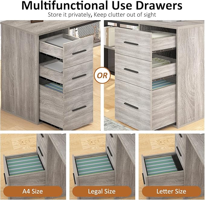 HSH Large L Shaped Desk with Storage File Cabinet，Corner L-Shaped Computer Desk with Drawers Shelves, Home Office Bedroom Metal Wood Study Writing Table Executive Workstation, Light Grey Oak, 59 Inch