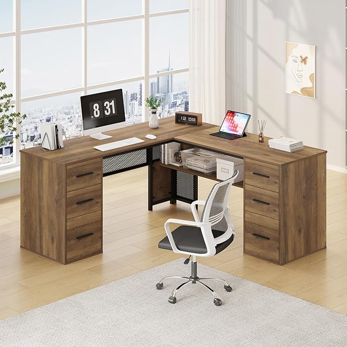HSH Large L Shaped Home Office Desk with Drawers, Rustic L-shaped Computer Desk with Storage File Cabinet Shelves, Corner Reversible Metal Wood Executive Work Study Writing Table, 59 Inch Bedroom Desk