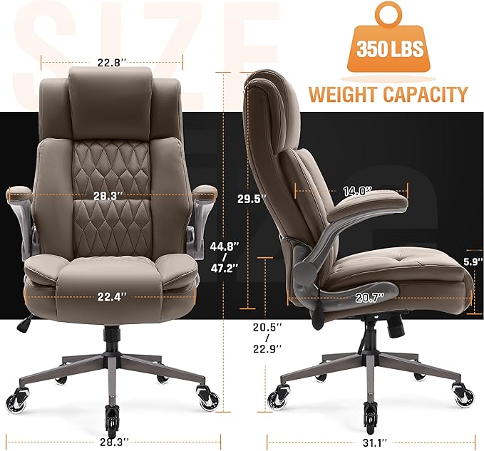 Large High Back Office Chair - Adjustable Lumbar Support Flip Up Arms Heavy Duty Quiet Wheels Metal Base Breathable Bonded Leather Ergonomic Executive Computer Desk Chair with Storage Bags, Khaki