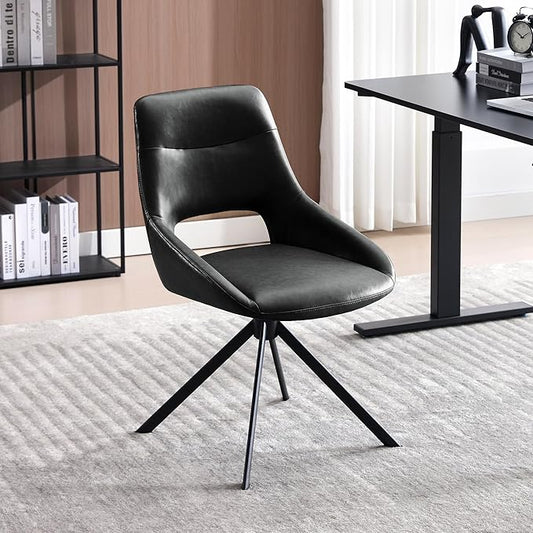 Mid Century Modern Desk Chair No Wheels Set of 1, Faux Leather Swivel Dining Chair with Metal Legs, Swivel Accent Chair Armchair for Small Spaces, Home Office, Living Room, Bedroom, Black