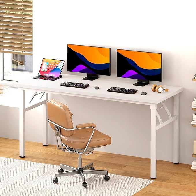 sogesfurniture Computer Desk 62 inches Office Desk Computer Table Study Writing Desk Workstation for Home Office Metal Frame Folding Table, White