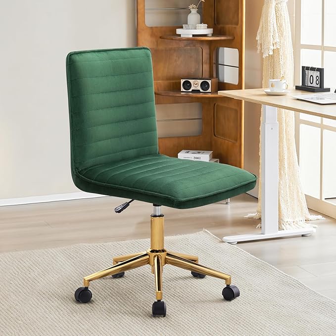 Furnimart Velvet Home Office Armless Desk Chair Adjustable Task Chairs Small Swivel Upholstered Office Chair Students Desk Chair Mid-Back Home Office Chair Dorm Chair (Velvet-DarkGreen)