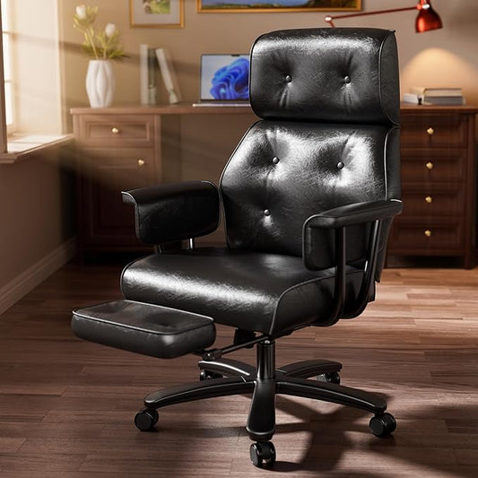 Reclining Office Chair with Footrest, Big and Tall Office Desk Chair 400lbs Wide Seat with Leather, Ergonomic High Back, Button Tufted Vintage Design, Black