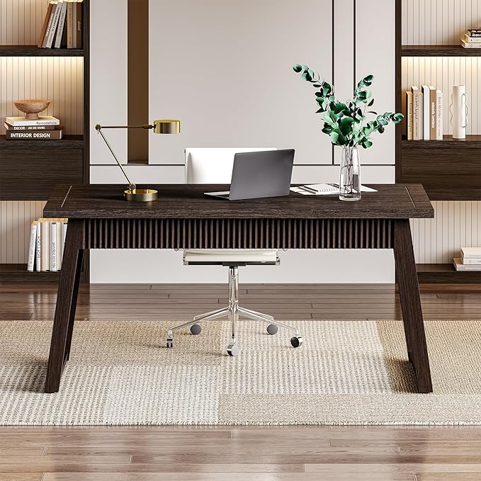 LITTLE TREE 55-Inch Home Office Desk with Drawer, Modern Minimalist Style Wooden Simple Study Writing Table, Mid-Century Log Executive Desk, Computer Desk, PC Laptop Desk Workstation, Dark Brown