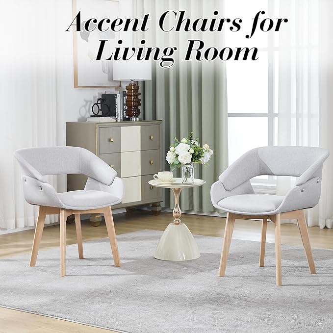 Home Office Desk Chair No Wheels, Upholstered Linen Fabric Modern Accent Side Armchair with Wood Legs Hollow-Out Back, for Vanity Living Dining Room Bedroom, 1PC & Grey