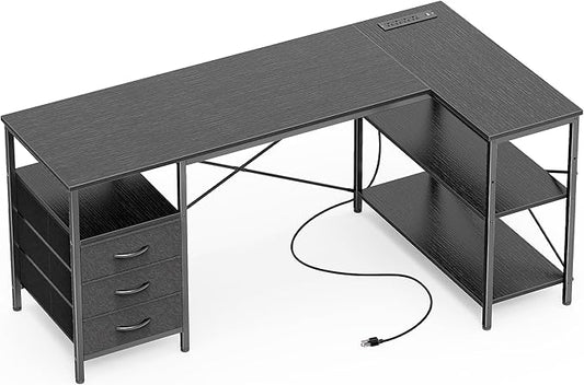 Huuger L Shaped Office Desk with Power Outlets, 55 Inch Computer Desk with 3 Drawers, Shelves, Reverisble for Gaming Corner Work Home Office Study, Black