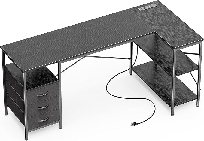 Huuger L Shaped Desk with Power Outlets, 63 Inch Reversible Computer Desk with 3 Drawers and Shelves, Home Office Table for Corner Work Study Writing Gaming, Black