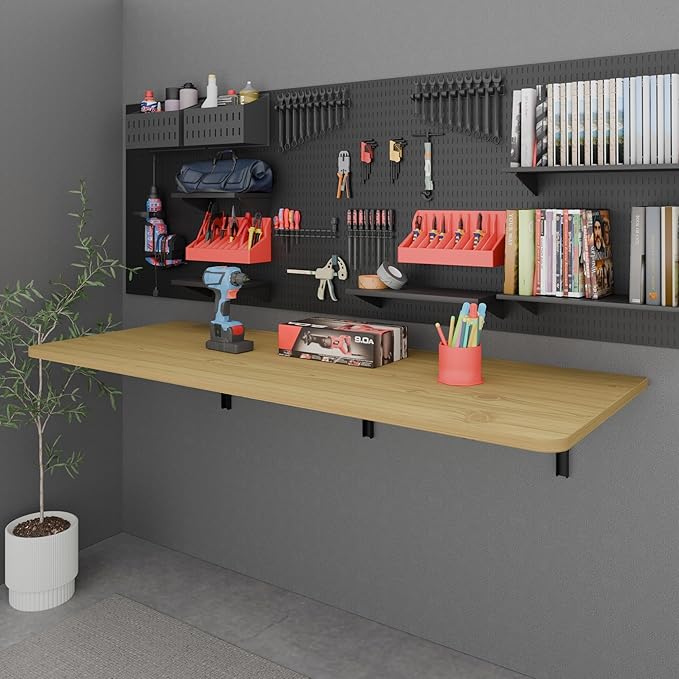 IAE 55" x 22" Floating Foldable Desk,Wall-Mounted Folding Computer Table with Engineered Wood,Study Table with Shelf Brackets,Fold Down Shelf,Fold Computer Desk for Small Spaces,Holds 500 lb,Natural