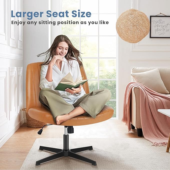 DUMOS Desk Chair No Wheels, Criss Cross Chair Wide Cross Legged Office Desk Vanity Chair, PU Leather Armless Adjustable Swivel Chairs for Home Computer Task Brwon