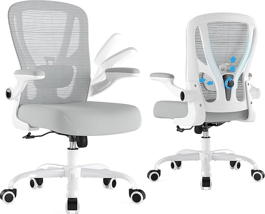 Office Chair Ergonomic Desk Chair - Mesh Computer Chair Breathable Task Chair with Wheels Adjustable Lumbar Support Home Desk Office Chairs Flip up Armrest Executive Rolling Swivel White
