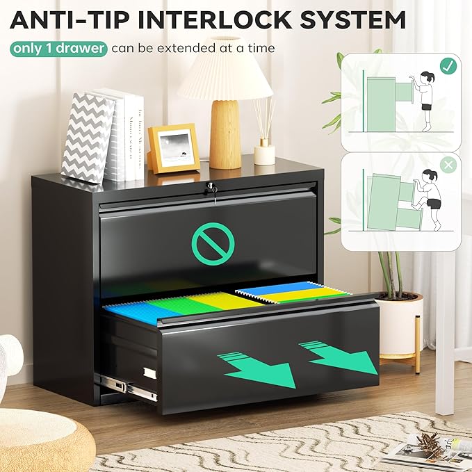 Superday Lateral File Cabinet 2 Drawer Metal File Cabinet with Lock, Black Filing Cabinets for Home Office, Locking Filing Cabinets Hanging Files Letter/Legal/F4/A4