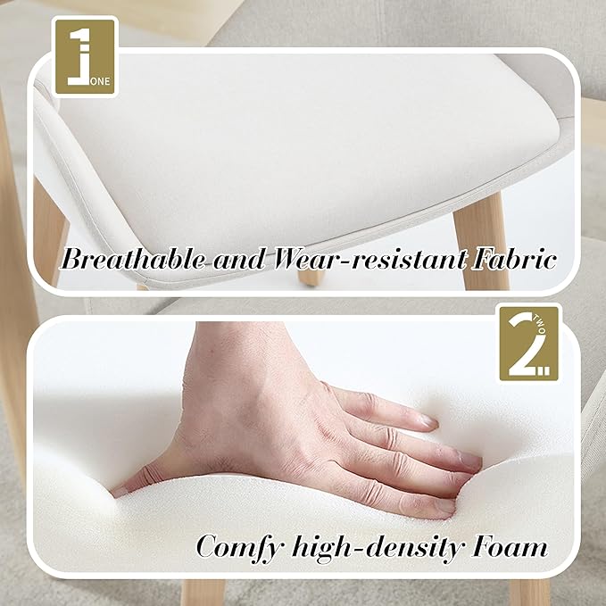 Home Office Desk Chair No Wheels Set of 6, Upholstered Linen Fabric Modern Accent Side Armchair with Wood Legs Hollow-Out Back, for Vanity Living Dining Room Bedroom, Beige