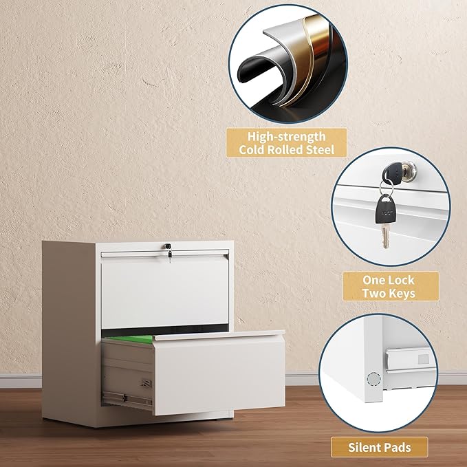 2 Drawer File Cabinet with Lock, Lateral Filing Cabinets,Metal Storage Filing Cabinets for Home Office, Heavy Duty File Cabinet for Letter/Legal/A4/F4 Size, Amssebly Required, White