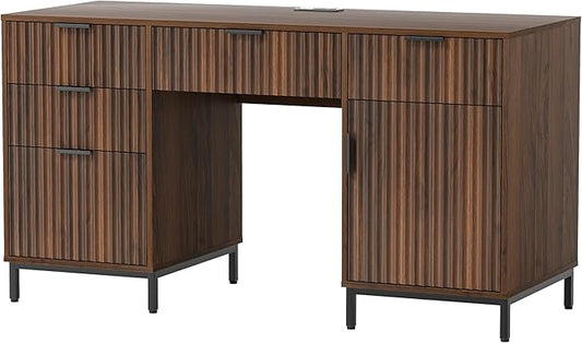 Modern Fluted Executive Desk with File Drawer, 55" Large Computer Desk with Storage and Charging Station, Wooden Home Office Desk for Workspace, Writing, Study, Brown
