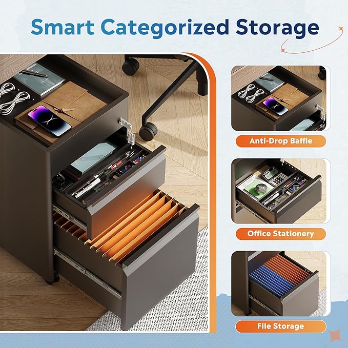DEVAISE 2 Drawer File Cabinet with Fence, Metal Mobile Filing Cabinet Under Desk, Home Office Furniture fits Legal/A4/Letter Size, 17.7" D x 15.4" W x 25" H, Black