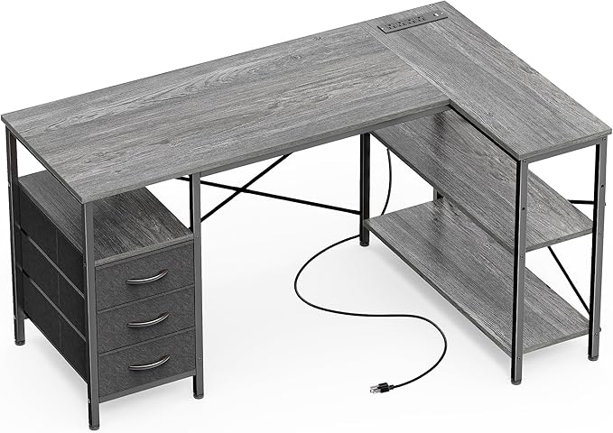 Huuger L Shaped Office Desk with Power Outlets, 47 Inch Computer Desk with 3 Drawers, Shelves, for Gaming, Corner Work, Home Office, Study, Grey