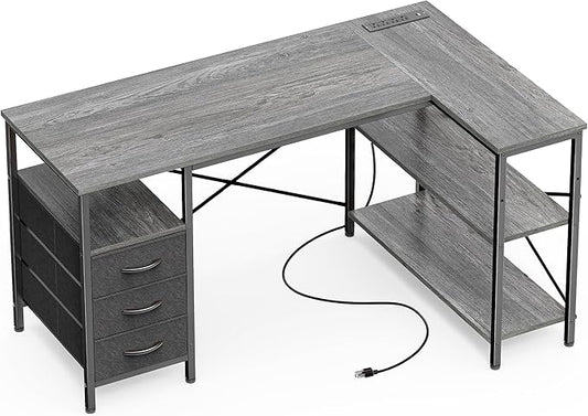 Huuger L Shaped Office Desk with Power Outlets, 47 Inch Computer Desk with 3 Drawers, Shelves, for Gaming, Corner Work, Home Office, Study, Grey