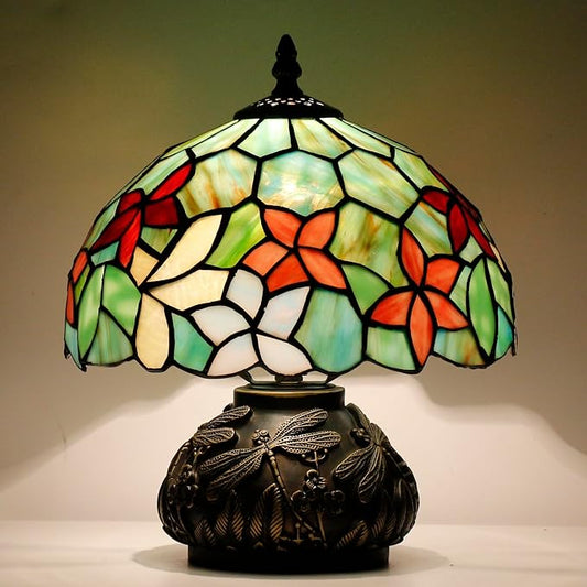 Small Tiffany Table Lamp Red Green Flowers Style Stained Glass Desk Lamp 10X11.5 Inch Mushroom Table Light for Office Home Living Room Bedroom