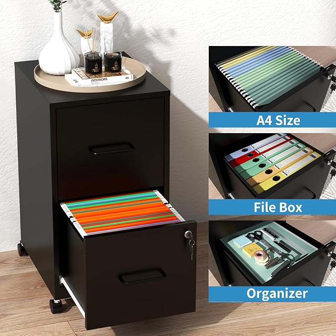 Mobile File Cabinet with Lock, 2 Drawer File Cabinets with Adujustable Feet and Wheels, Metal Office Storage Cabinet Under Desk,Vertical Filing Cabinets for Home Office, Required Assembly