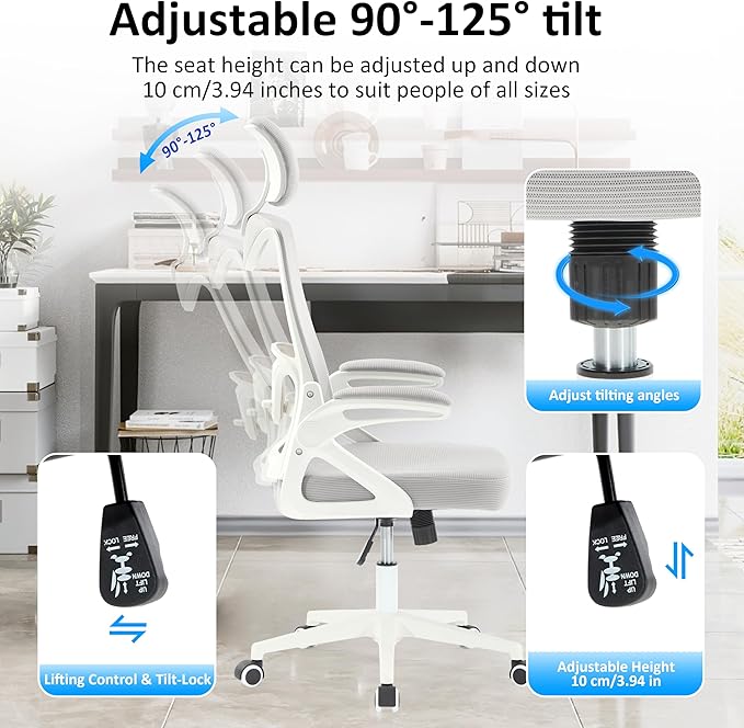 Fizzin Ergonomic Office Chair,Ergonomic Desk Chair with Headrest Mesh Computer Chair with High Back Adjustable Lumbar Support, Rolling Swivel Chairs with Wheel Armrests for Home Office(Gray)