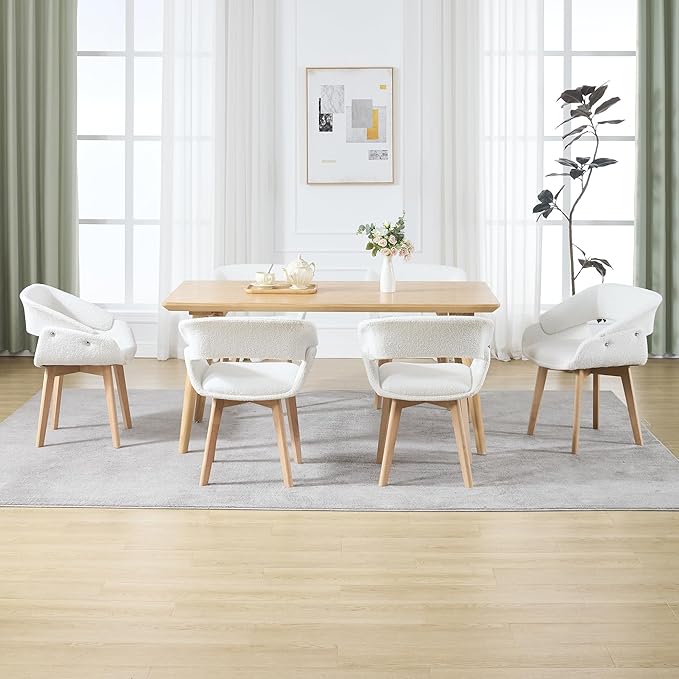 Home Office Desk Chair No Wheels Set of 6, Upholstered Boucle Modern Accent Side Armchair with Wood Legs Hollow-Out Back, for Vanity Living Dining Room Bedroom, Beige