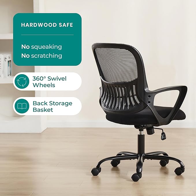 SMUG Office Computer Desk Chair, Ergonomic Mid-Back Mesh Rolling Work Swivel Task Chairs with Wheels, Comfortable Lumbar Support, Comfy Arms for Home, Bedroom, Study, Dorm, Student, Adults