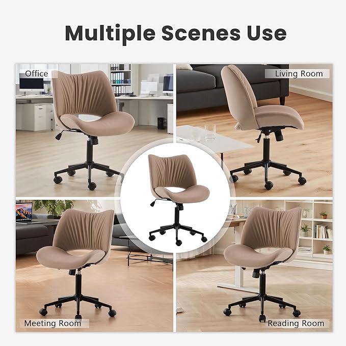 Rowill Armless Office Desk Chair, Ergonomic PU Leather Modern Task Chair with Back Adjustable Height, 360° Swivel Vanity Chairs with Wheels for Small Space, Home Office, Bedroom, Khaki
