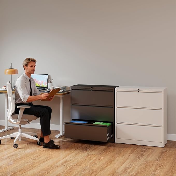 3 Drawer File Cabinet with Lock, Lateral Filing Cabinets,Metal Storage Filing Cabinets for Home Office, Heavy Duty File Cabinet for Letter/Legal/A4/F4 Size Amssebly Required, White