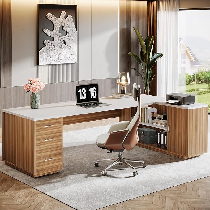 Tribesigns 85.8-Inch L-Shaped Executive Office Desk with File Drawers & Storage Cabinet, Professional Corner Computer Desk Extra Large Business Workstation with Adjustable Shelves (White&Walnut)