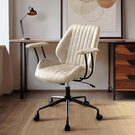 Mid Century Modren Office Chair,Mid Back Ergonomic Executive Chair with Lumbar Support, Computer Desk Swivel Task Chair with Wheels, Faux Lether Suede Fabric Home Chair (Beige)